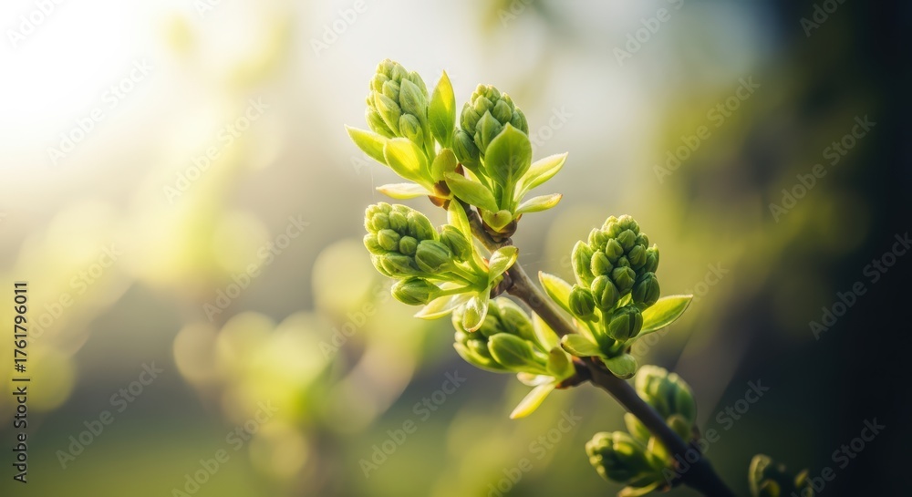 Fototapeta premium Sunlit spring buds on branch in lush garden during sunrise