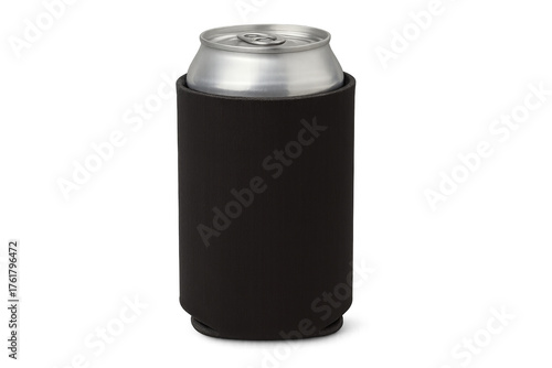 Black beverage can koozie holding an aluminum can