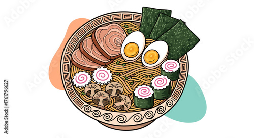 A delicious bowl of steaming hot ramen noodles topped with sliced pork eggs and nori seaweed.