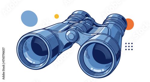 Close up detailed illustration of binoculars with colorful circles and geometric shapes floating around them.