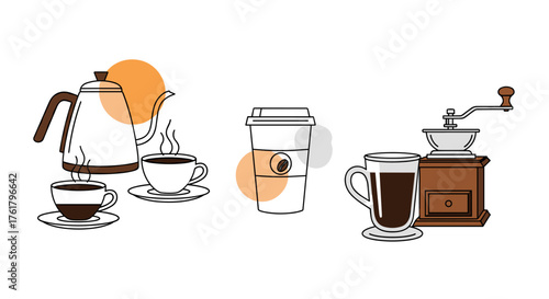 A delightful collection of coffee making essentials including a kettle cups and a grinder.