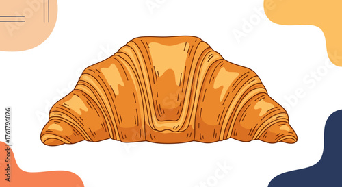 A golden brown croissant sits against a colorful background with soft wavy shapes.