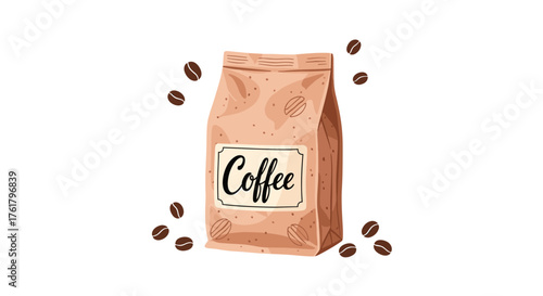 A bag of coffee beans with coffee written on it and some beans scattered around.