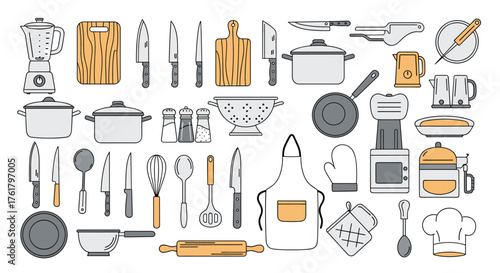 A vibrant collection of kitchen utensils and cooking equipment displayed in a flat design.