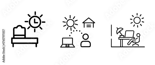 Morning routine and flexible workday icons – wake up, remote work, home office, and relaxed workspace with sunlight outline vector illustrations