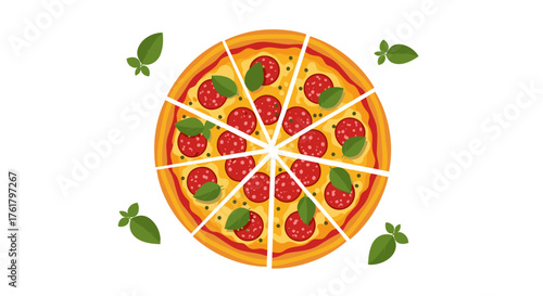 Delicious pepperoni pizza with fresh basil leaves scattered around the savory dish.