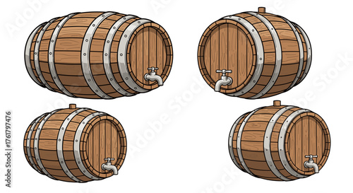 Collection of wooden barrels with spigots for storage and brewing beverages.