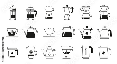 Collection of various coffee makers and brewing devices illustrated in a pictogram style.