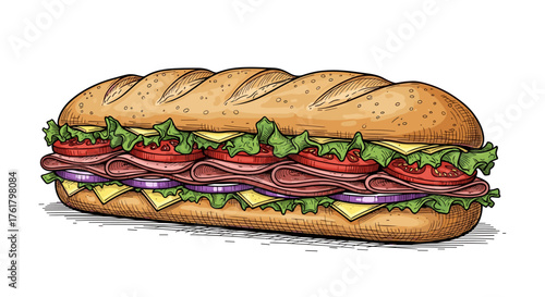 A delicious and freshly made deli sandwich piled high with various meats and vegetables.