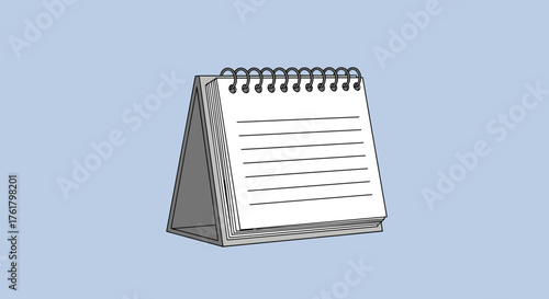 A simple cartoon drawing of a desk calendar with a spiral binding and blank pages on a light blue background.