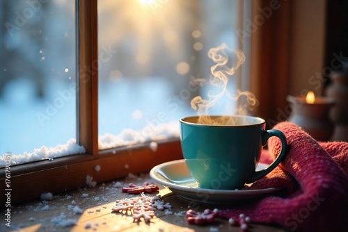 Warm Winter Chalet Scene Steaming Mug by Snow-Covered Window, Cozy Holiday Atmosphere