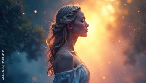 Ethereal Figure Radiating Inner Peace Abstract Representation of Spirituality, Mindfulness, and Tranquility. Perfect for concepts of hope, the afterlife, and spiritual awakening.