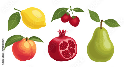 A collection of colorful fruits including a lemon pear peach pomegranate and cherries.