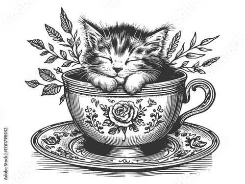 adorable kitten peacefully sleeping inside a floral teacup sketch engraving generative ai vector illustration. Scratch board imitation. Black and white image.