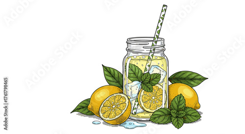 Refreshing homemade lemonade with fresh lemons and mint leaves served in a jar.