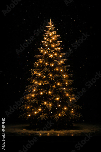 Beautiful glowing christmas tree decorated with golden lights in dark night background symbolizing holiday celebration winter season and festive decoration concept