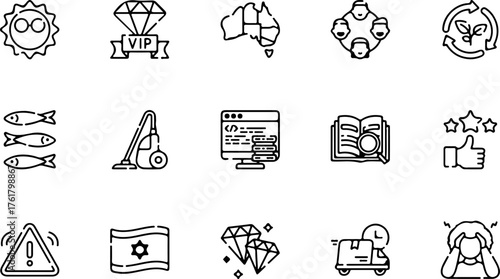 A diverse collection of black and white line icons representing various concepts like travel, technology, and emotions.
