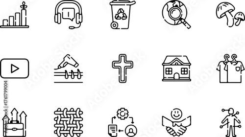 A diverse collection of black and white line art icons representing concepts like business, religion, technology, and daily life.