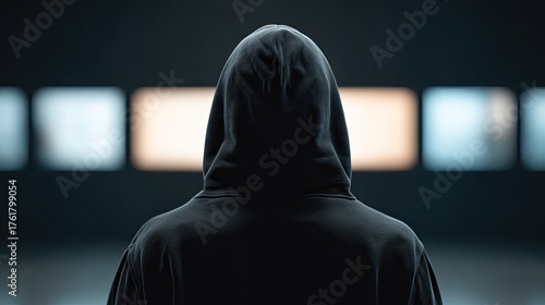 Mysterious person in dark hoodie facing bright screens in dim room