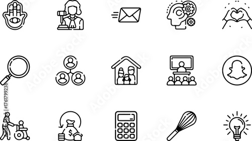 A diverse collection of black and white line icons representing concepts like business, communication, social interaction, and daily life.