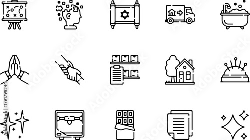 A collection of fifteen diverse black and white line art icons representing various concepts and objects on a white background.