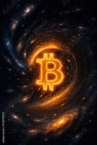 Futuristic glowing bitcoin cryptocurrency symbol in swirling galaxy space background digital art concept for blockchain and finance