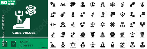 Core Values Solid Editable Icons set. Vector illustration in modern thin solid style of core values icons: value, achievement, ambition, etc