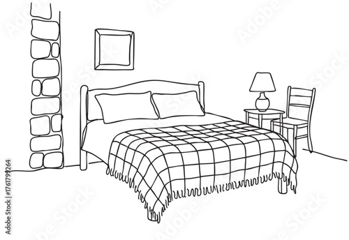 Bedroom. Bed with pillows and blanket. Line sketch