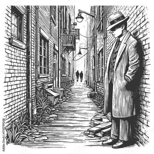 mysterious man in a trench coat and fedora lurking in a narrow urban alley, classic noir tension sketch engraving generative ai fictional character vector illustration. Scratch board. Black and white.