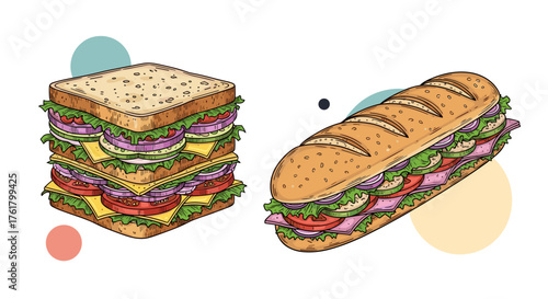 Delicious layered sandwich and a long submarine sandwich filled with fresh ingredients and toppings.