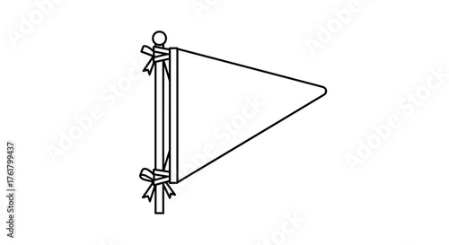 A triangular flag attached to a pole with ties at the top and bottom points.