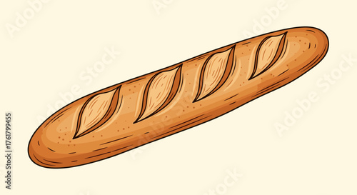 A freshly baked crusty baguette with golden brown crust and scored pattern on top.