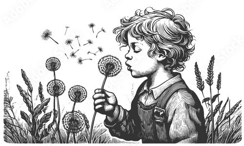 young child blowing on a dandelion, sending seeds into the air sketch engraving generative ai fictional character vector illustration. Scratch board imitation. Black and white image.