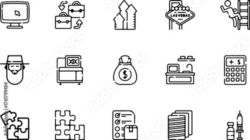 A collection of black and white line icons representing various business, finance, and medical concepts.