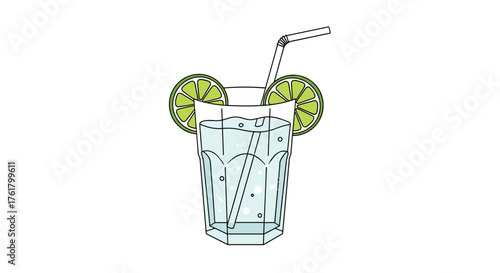 A refreshing glass of sparkling water with lime and ice on a white background, perfect for a summer day.