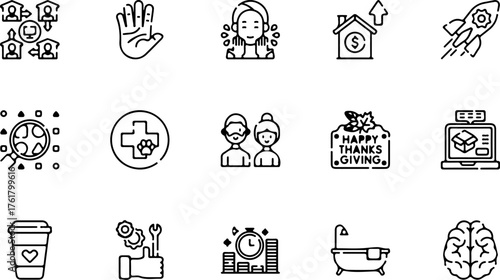 A collection of fifteen diverse black and white line art icons representing various concepts like community, health, finance, and lifestyle.