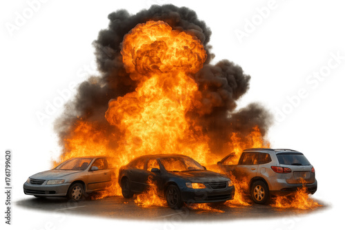Cars burning with intense explosion and smoke