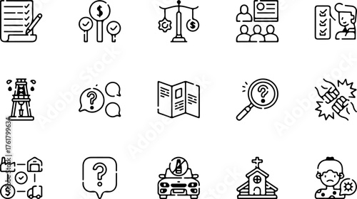 A collection of black and white line art icons representing legal, financial, and social concepts.