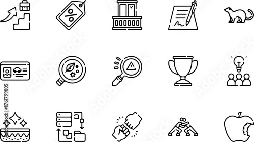 A diverse collection of black and white line art icons representing various business, science, and achievement concepts.
