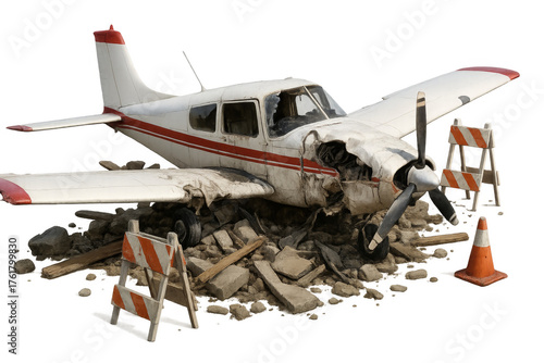 Small airplane wreck showing aviation accident damage