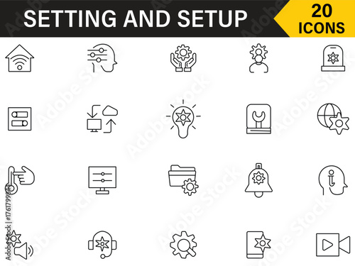 Setting and setup line icon set. Set of 20 icons related to setting and setup. Contains configuration, option, operation, gear, control, repair, cogwheel, system, modify and more. Vector illustration.