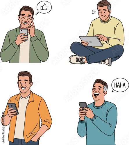 Create a kinds of deferent simple set of four middle-aged men happy to look at their smartphones and tablet devices vector art with white background..