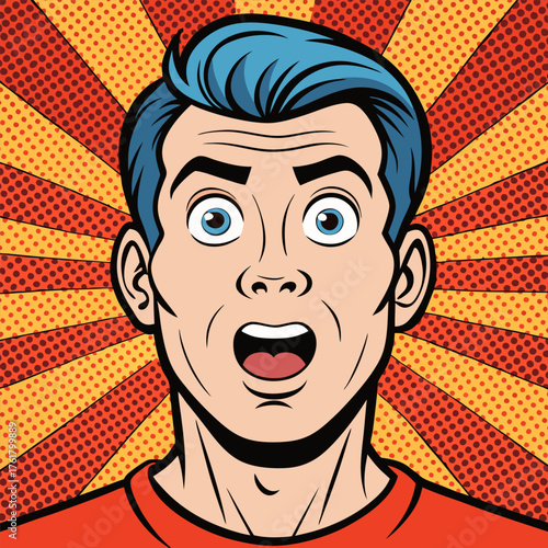 Face of an admiring or surprised young man. Retro pop art comic style. Vector illustration.