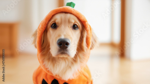 Adorable golden retriever dog wearing a cute pumpkin costume, celebrating Halloween