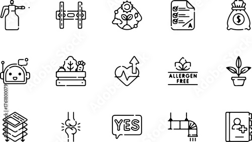 A diverse collection of fifteen black and white line art icons representing various concepts on a white background.