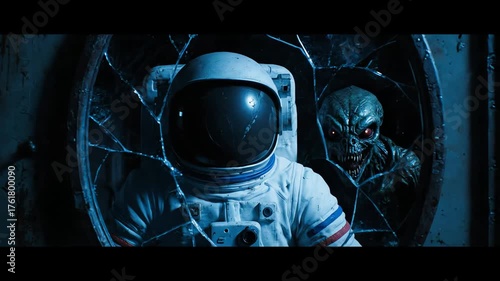 Astronaut faces terrifying alien behind cracked window in space horror scene.
