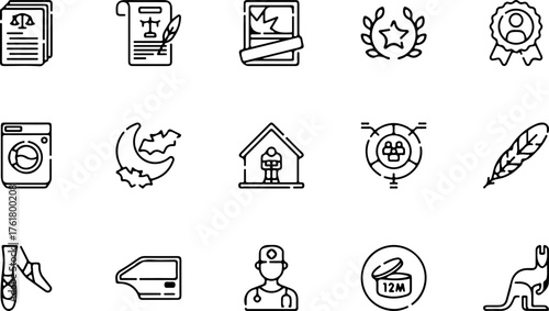 A collection of fifteen diverse black and white line art icons representing various themes like law, home, and health.