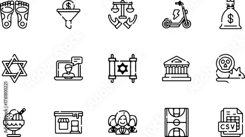 A diverse collection of black and white line art icons representing various concepts on a white background.