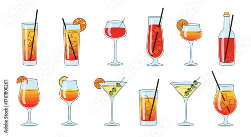 A delightful collection of colorful and refreshing alcoholic and non-alcoholic beverages served in various glasses.