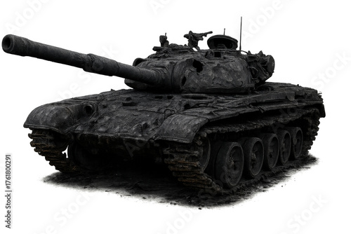 Burnt military tank on transparent background symbolizing conflict